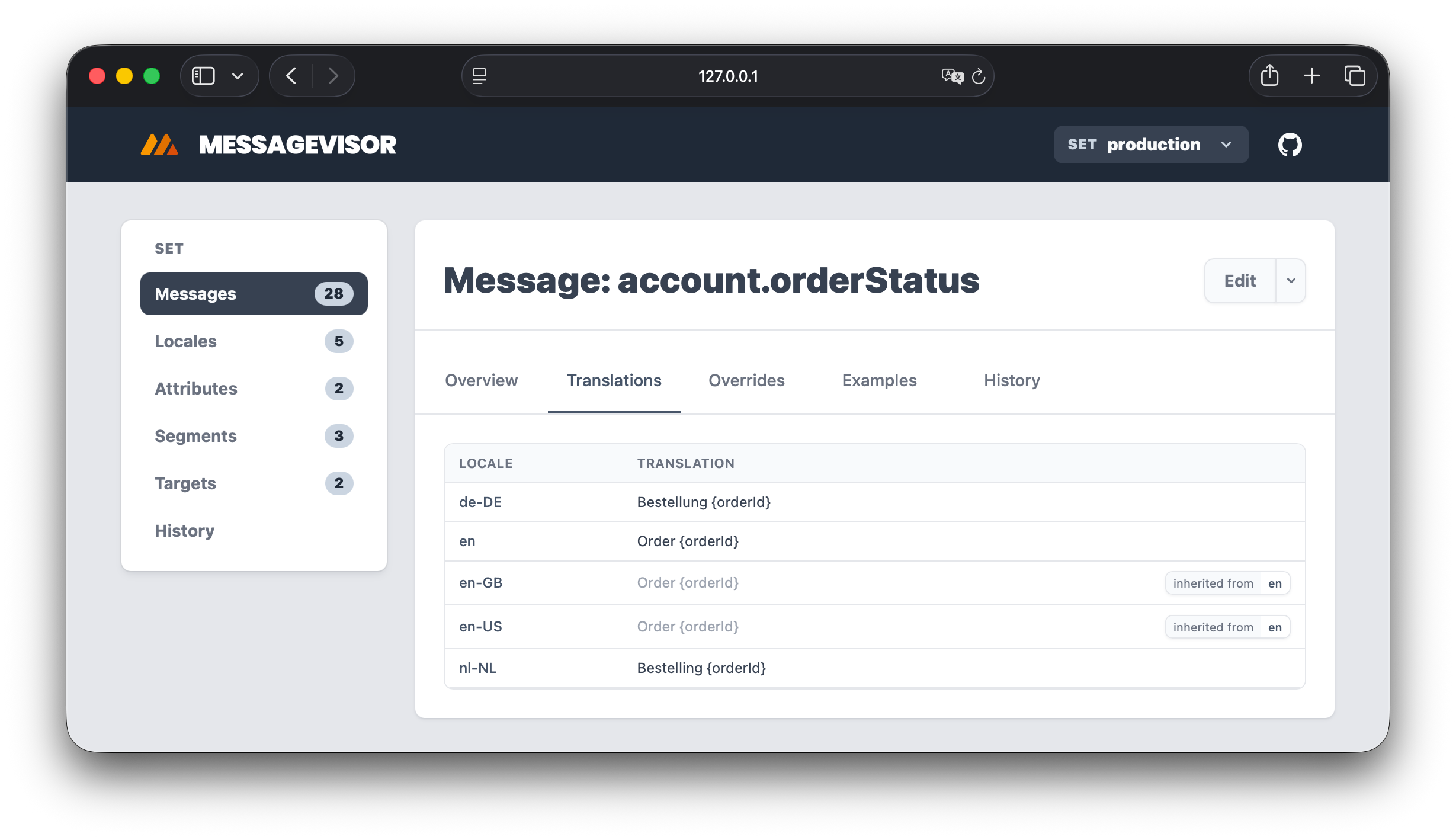 Messagevisor catalog showing the account.orderStatus message with translations across de-DE, en, en-GB, en-US, and nl-NL locales